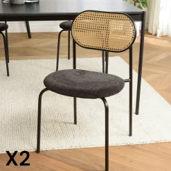 Chaise métal dossier cannage ovale assise velours noir (lot de 2) LOANO