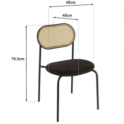 Chaise métal dossier cannage ovale assise velours noir (lot de 2) LOANO
