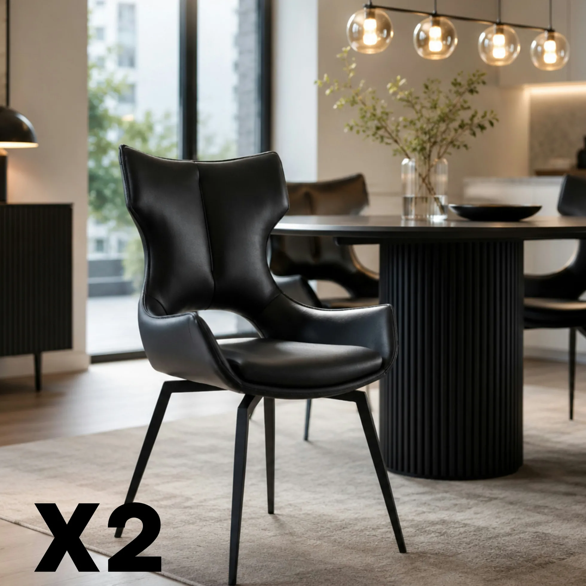 Chaise pivotante cuir noir dossier ouvert (lot de 2) LOMBARDIE