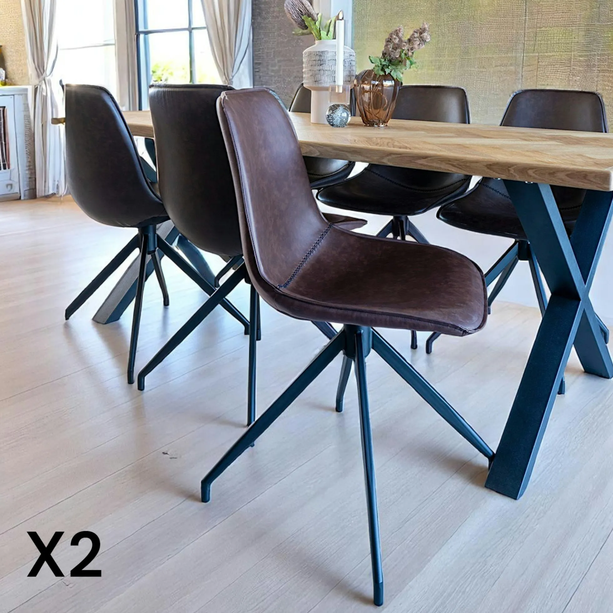 Chaise pivotante marron foncé avec couture (lot de 2) AMSTERDAM