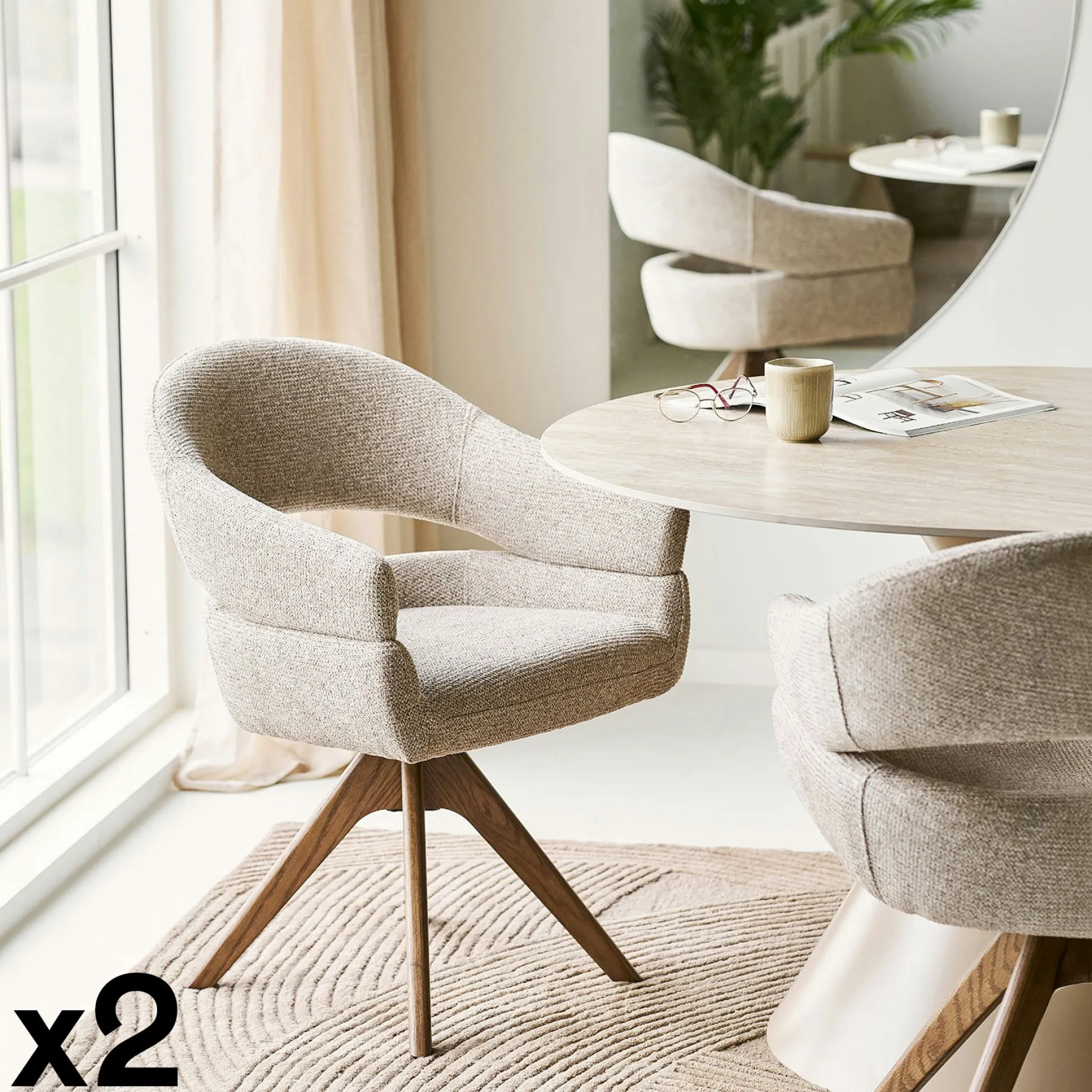Chaise pivotante sable design avec pied chêne brun (lot de 2) MONTREUX