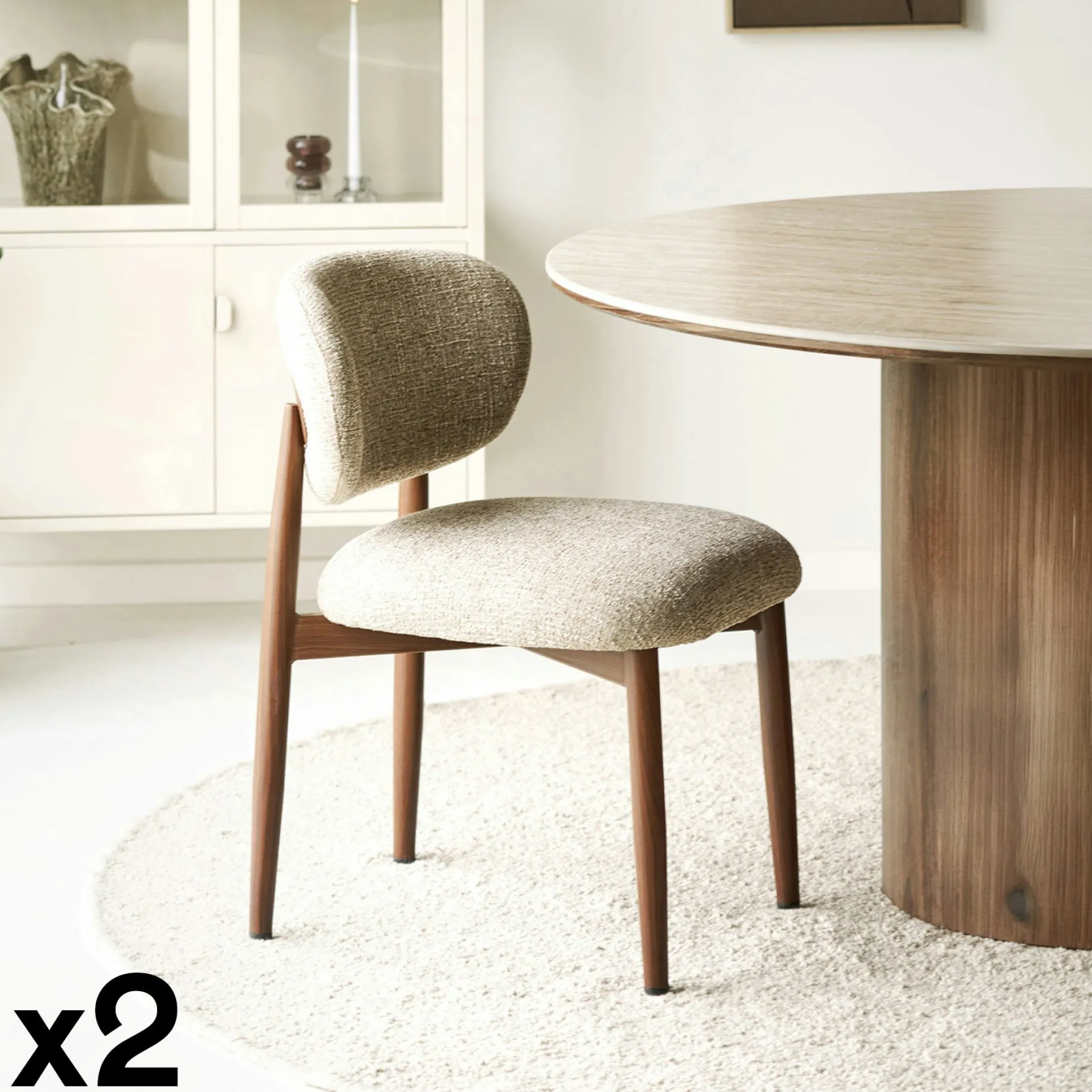 Chaise rétro en bois et tissu brun clair (lot de 2) BEGO