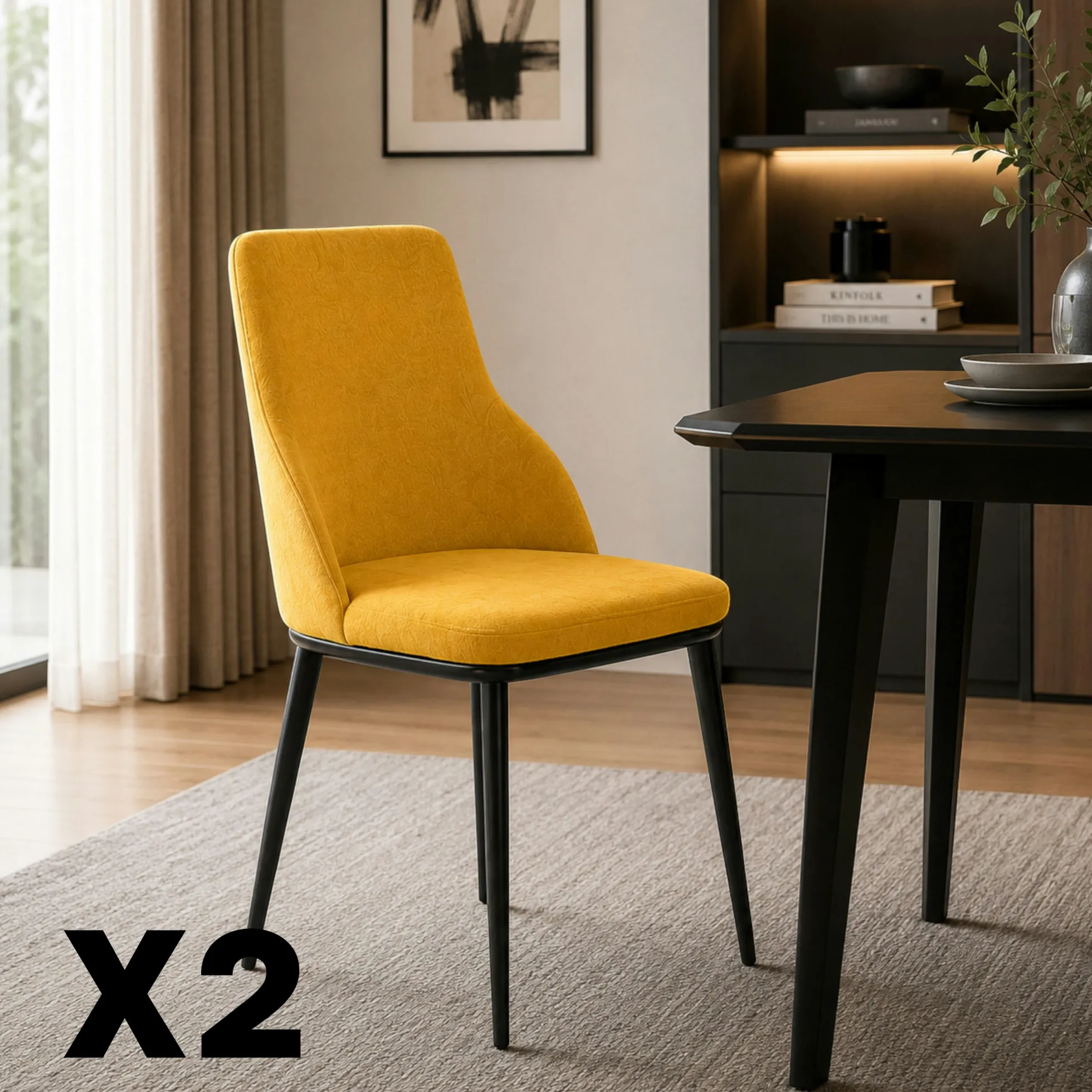 Chaise tissu jaune pieds métal noir (x2) AUREN
