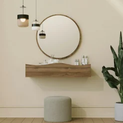 Coiffeuse murale effet bois foncé avec miroir, 2 tiroirs MARFA