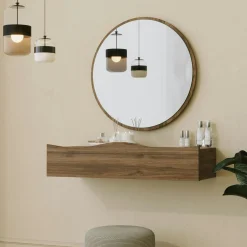 Coiffeuse murale effet bois foncé avec miroir, 2 tiroirs MARFA