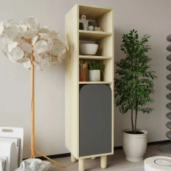 Colonne de rangement effet bois, 1 porte grise courbe VAREN
