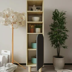 Colonne de rangement effet bois, 1 porte grise courbe VAREN
