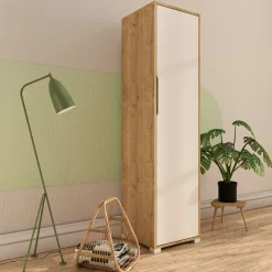 Colonne de rangement effet bois et porte blanche BYRON