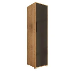 Colonne de rangement effet bois et porte grise BYRON