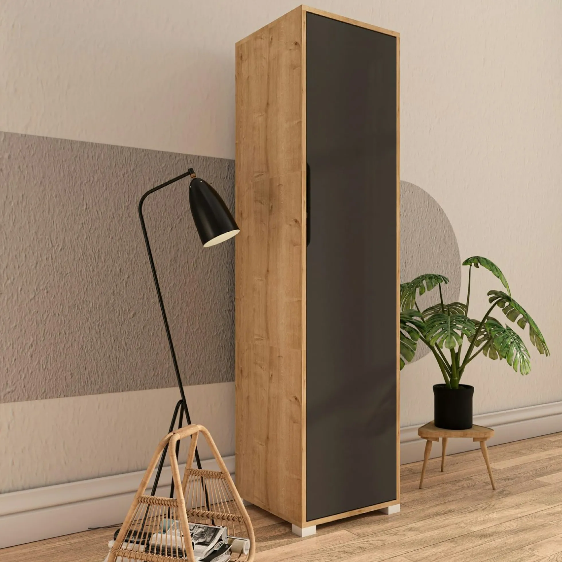 Colonne de rangement effet bois et porte grise BYRON