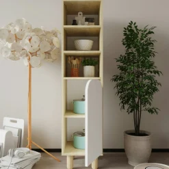 Colonne de rangement effet bois, 1 porte blanche courbe VAREN