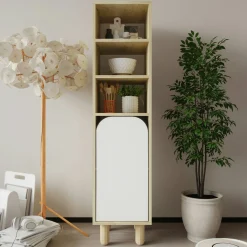 Colonne de rangement effet bois, 1 porte blanche courbe VAREN