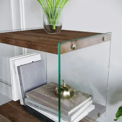 Colonne vitrine design - bois brun, 3 plateaux LHASA