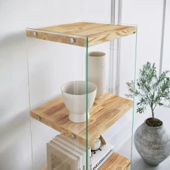 Colonne vitrine design - bois clair, 4 plateaux LHASA