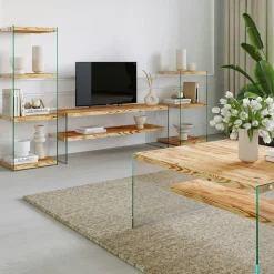 Colonne vitrine design - bois clair, 3 plateaux LHASA