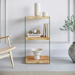 Colonne vitrine design - bois clair, 3 plateaux LHASA