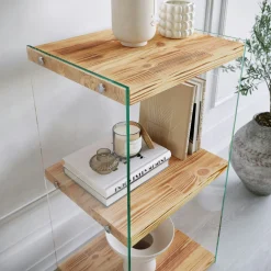 Colonne vitrine design - bois clair, 3 plateaux LHASA