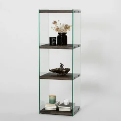 Colonne vitrine design - bois gris foncé, 4 plateaux LHASA