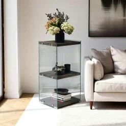 Colonne vitrine design - bois gris foncé, 3 plateaux LHASA