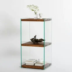 Colonne vitrine design - bois marron, 3 plateaux LHASA