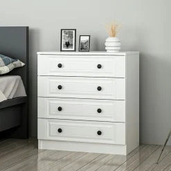 Commode blanche classique 4 tiroirs, boutons noirs MARFA