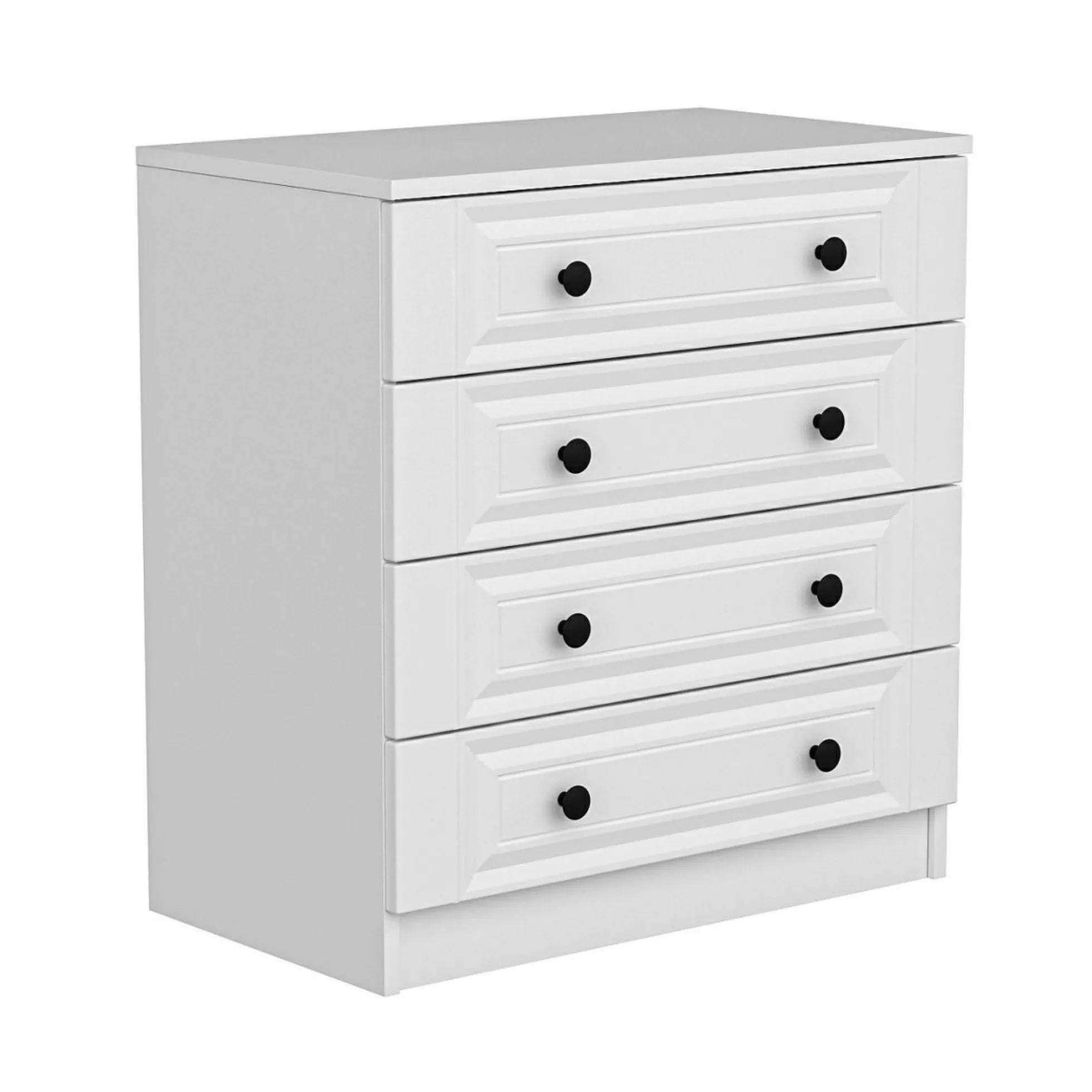 Commode blanche classique 4 tiroirs, boutons noirs MARFA