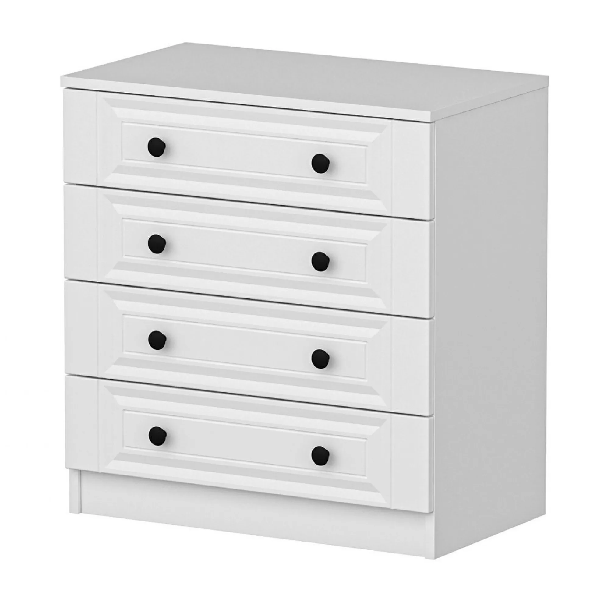 Commode blanche classique 4 tiroirs, boutons noirs MARFA