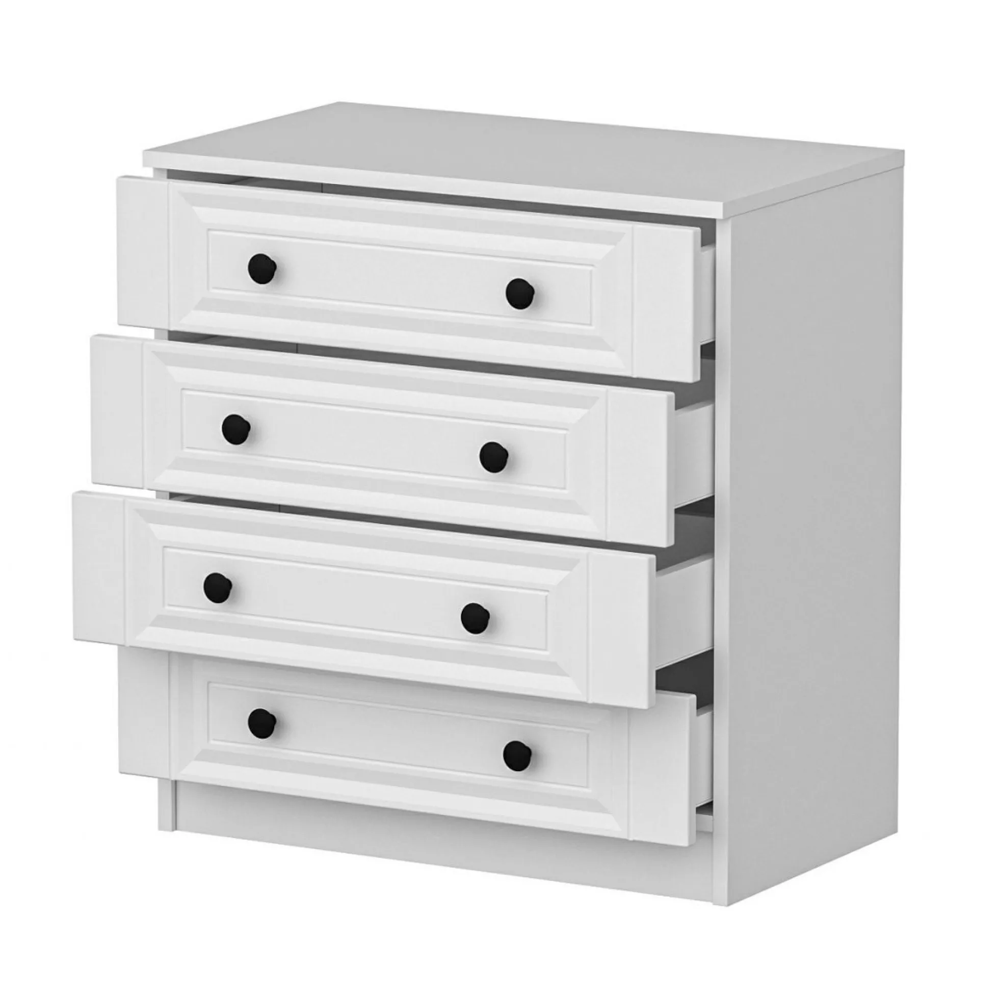 Commode blanche classique 4 tiroirs, boutons noirs MARFA