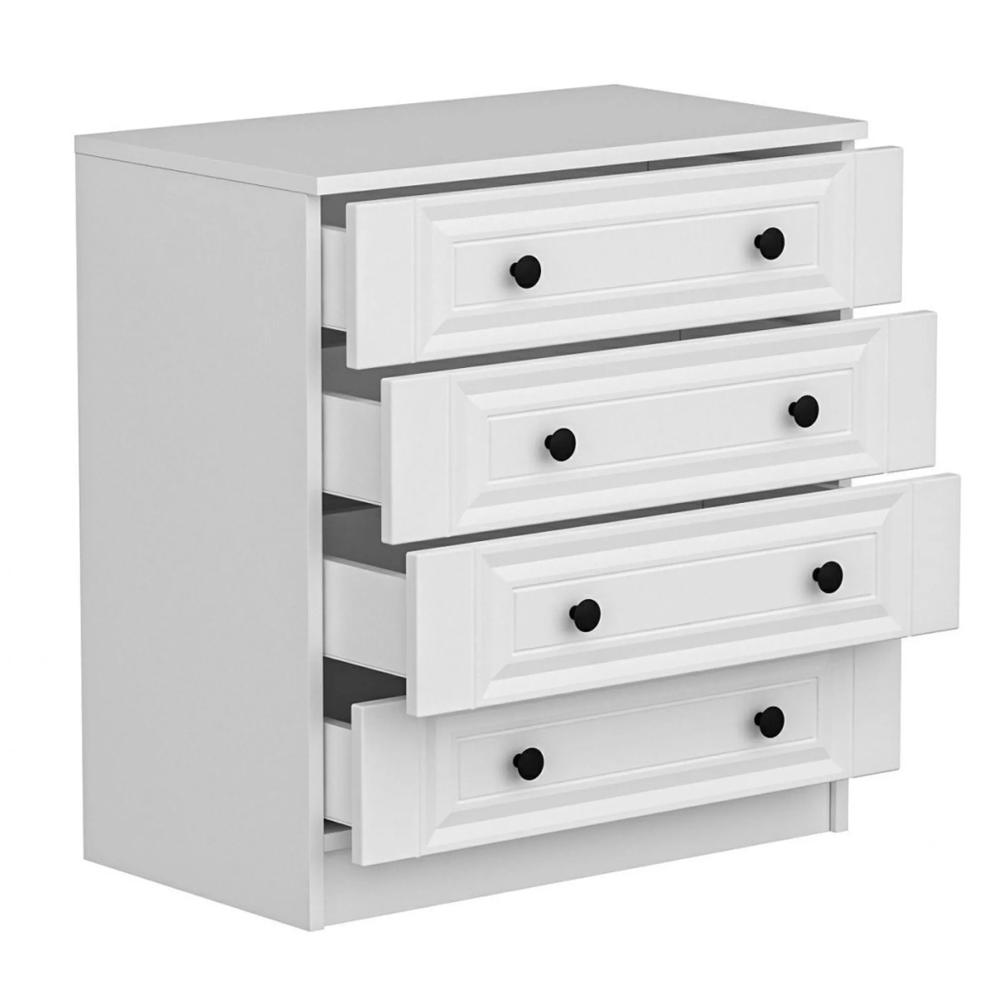 Commode blanche classique 4 tiroirs, boutons noirs MARFA