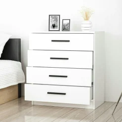Commode blanche moderne 4 tiroirs, poignées noires MARFA