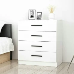 Commode blanche moderne 4 tiroirs, poignées noires MARFA