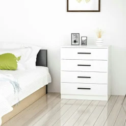Commode blanche moderne 4 tiroirs, poignées noires MARFA