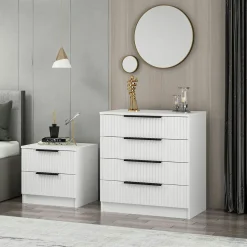 Commode blanche moderne 4 tiroirs, façade rainurée BYRON