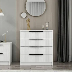 Commode blanche moderne 4 tiroirs, façade rainurée BYRON