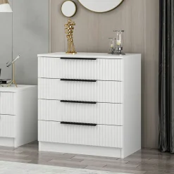 Commode blanche moderne 4 tiroirs, façade rainurée BYRON
