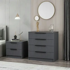 Commode chambre 4 tiroirs, façade grise rainurée BYRON