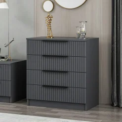 Commode chambre 4 tiroirs, façade grise rainurée BYRON
