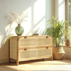 Commode forme arrondie en mindi et rotin naturel 2 tiroirs TIVARO