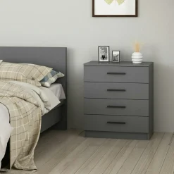 Commode grise moderne 4 tiroirs, poignées noires MARFA