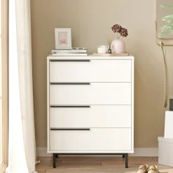 Commode haute blanche à détails noirs, 4 tiroirs JENA