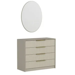 Commode moderne beige 4 tiroirs, miroir assorti BYRON