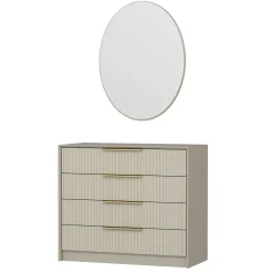 Commode moderne beige 4 tiroirs, miroir assorti BYRON