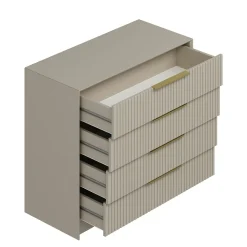 Commode moderne beige 4 tiroirs, miroir assorti BYRON