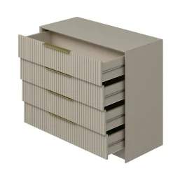 Commode moderne beige 4 tiroirs, miroir assorti BYRON