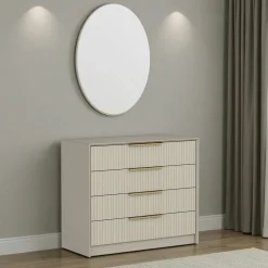 Commode moderne beige 4 tiroirs, miroir assorti BYRON