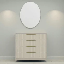 Commode moderne beige 4 tiroirs, miroir assorti BYRON
