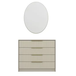 Commode moderne beige 4 tiroirs, miroir assorti BYRON