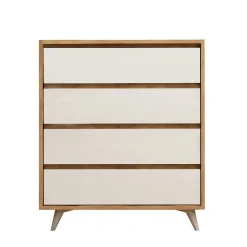 Commode moderne effet chêne 4 tiroirs blancs BYRON