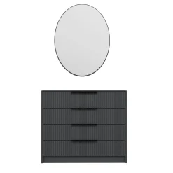Commode moderne grise 4 tiroirs, miroir assorti BYRON