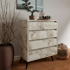 Commode moderne 4 tiroirs effet marbre, pieds noirs MARFA